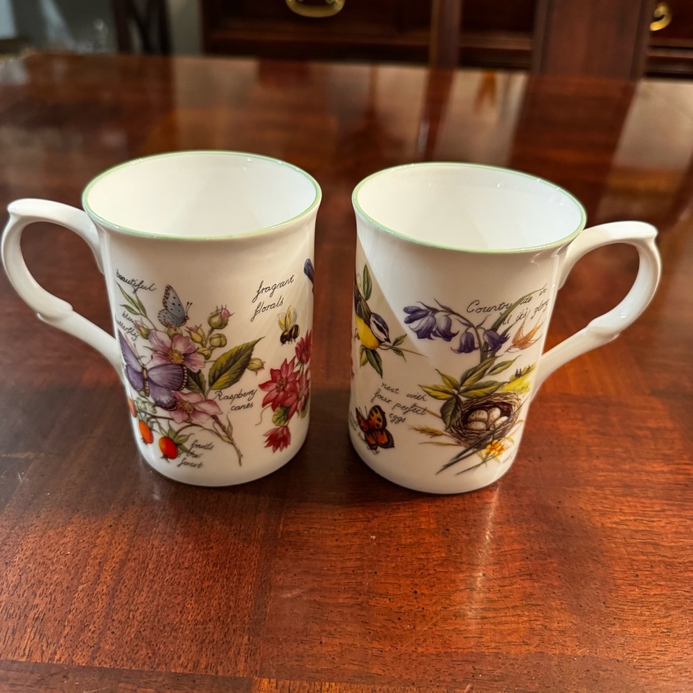 Set of 2 Rose of England Fine Bone China Flowers Butterflies Birds Mugs Cups